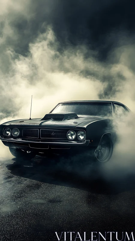 Smoky night drive with a brooding classic muscle car.