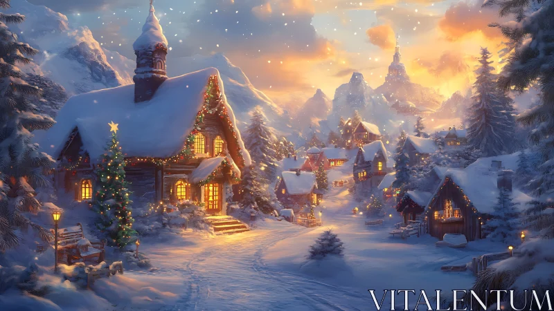 Snow-covered alpine village glowing with festive lantern light.