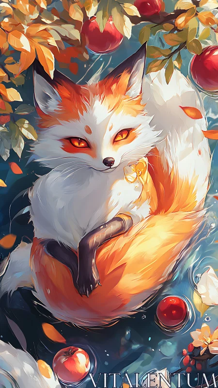 Enchanting fox spirit curls beneath autumn apple branches