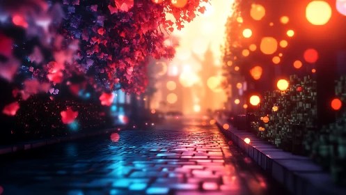 Cobbled street shows colored bokeh lights and glowing foliage