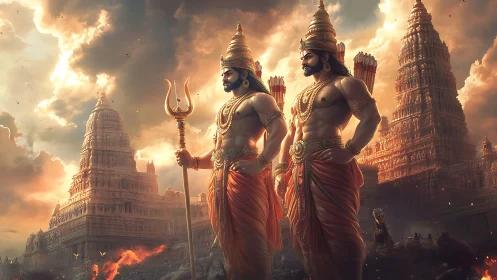 Twin warrior demigods guarding ember-lit ancient temples.
