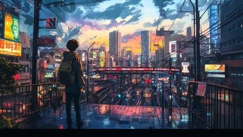 Quiet evening pause over a glowing rainy cityscape