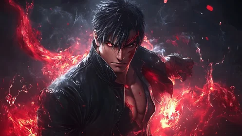 Male anime fighter with red energy aura in dark setting.