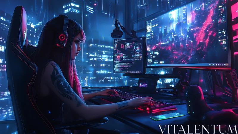 Woman operates multi-monitor workstation in neon city setting