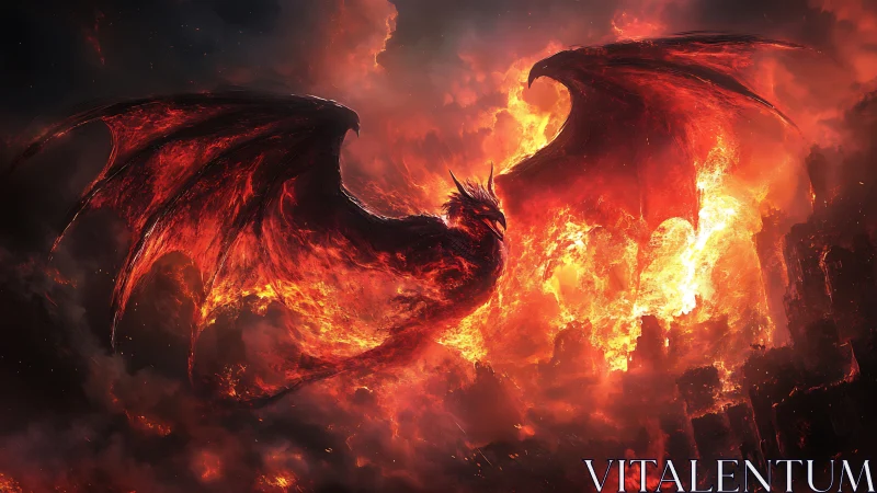 Fire phoenix with molten wings rises over collapsing inferno