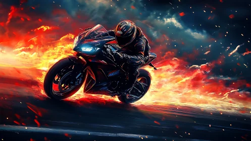 Motorcyclist leans through turn surrounded by stylized flames