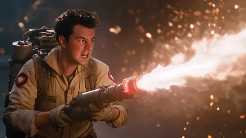 Ghostbuster-style fighter using flamethrower weapon.