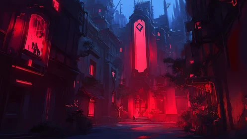 Vertically tiered cyber temple bathed in saturated red emissive light