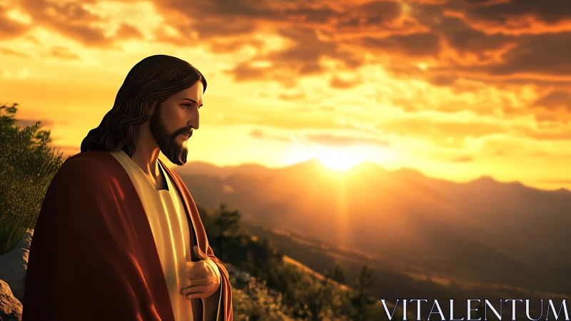 Serene robed figure contemplates glowing mountain sunrise