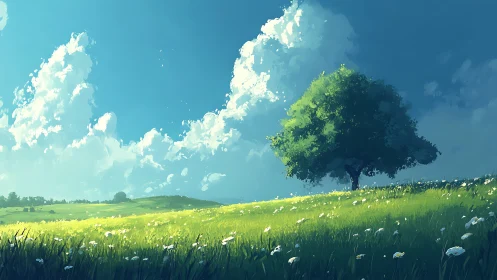 Lone summer tree dreaming beneath cathedral-bright clouds.