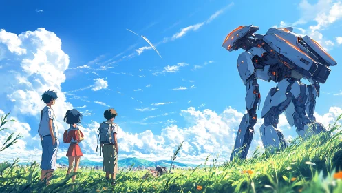 Children confront a towering mecha under a bright summer sky