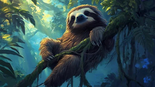 Digital sloth resting on mossy jungle branch at dusk.
