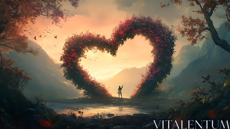 Figure Standing Before Heart-Shaped Floral Archway in Mountain Valley.