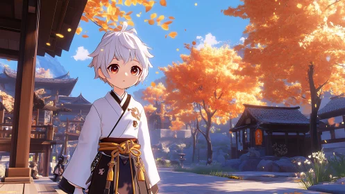 Soft-eyed anime child wanders through sunlit autumn shrine
