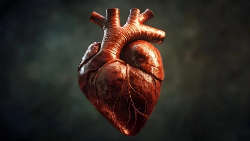 Realistic human heart illustration with anatomical details and dramatic lighting.