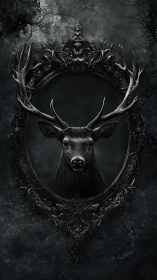 Dark stag portrait within ornate oval frame on black field.