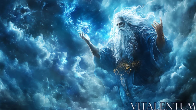 Storm-forging sky elder braids lightning through swirling clouds