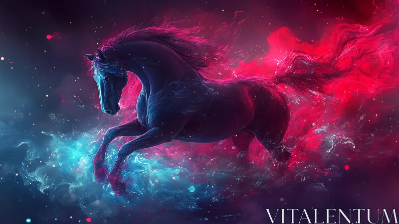 Celestial neon horse surges through swirling cosmic light