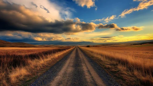 Gravel road cuts through golden prairie under storm sky.