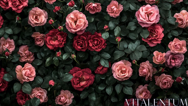 Densely packed floral composition featuring layered pink and crimson roses with verdant foliage