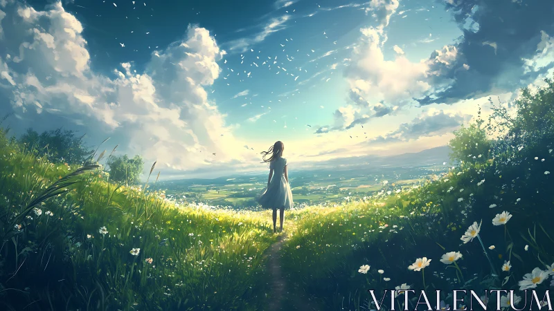 Girl stands on a sunlit hilltop, embracing an endless sky