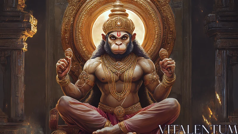 Mythic humanoid monkey deity sits cross legged on throne