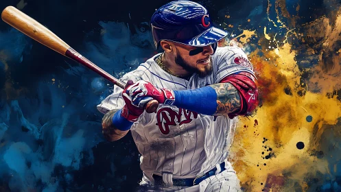 Color-splashed baseball slugger frozen in electric motion.