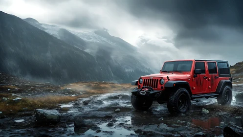 Bold red off-road SUV waits in a wild stormy mountain pass
