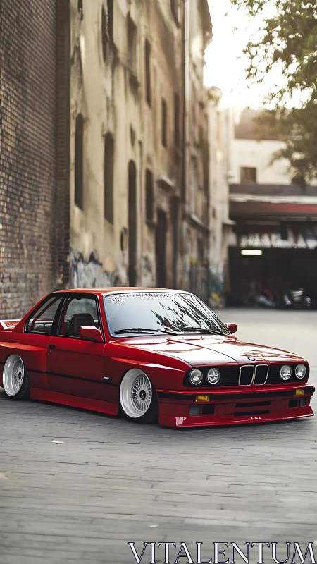 Classic red BMW coupe resting in a quiet city alley.