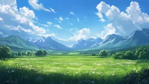 Panoramic alpine valley rendered with high chroma atmospheric depth