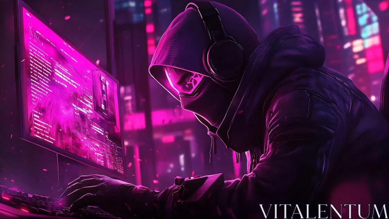 Hooded figure types at neon computer in dark cyber setting