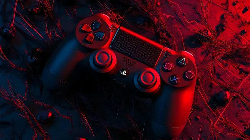 PlayStation 4 Controller in Red and Blue Neon Light.