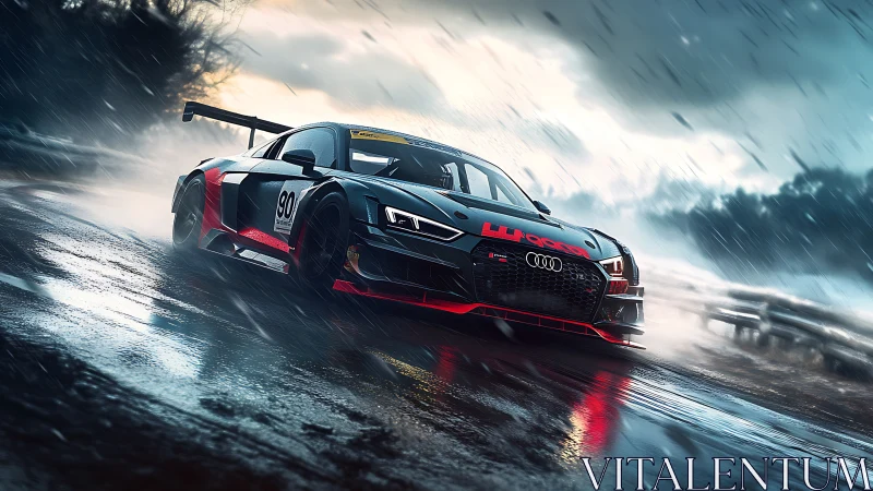 Audi GT3 race car slices wet track under storm light.