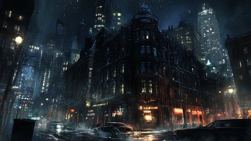 Noir rain-soaked downtown intersection rendered in cyber-noir detail