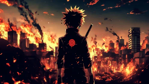 Lone anime swordsman surveys burning futuristic cityscape