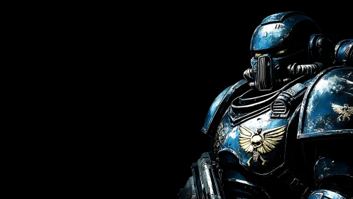 Stoic blue space warrior waiting on the edge of darkness.