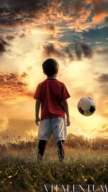 Boy stands in grassy field with soccer ball at sunset sky