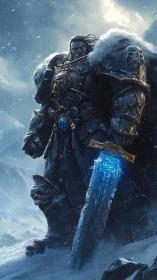 Armored warrior with glowing sword in a frozen landscape.