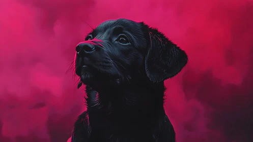 Midnight Labrador gazes through neon crimson dream fog.