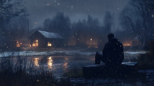 Solitary figure beside cabin reflecting in storm-lit pond.