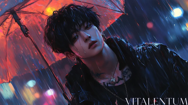 Rain-soaked rebel under neon city umbrella glow.