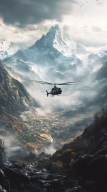 Helicopter skims a mist-swirled kingdom of colossal peaks.