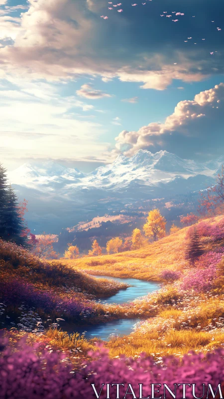 Dreamlike alpine valley with vivid flowers and stream.