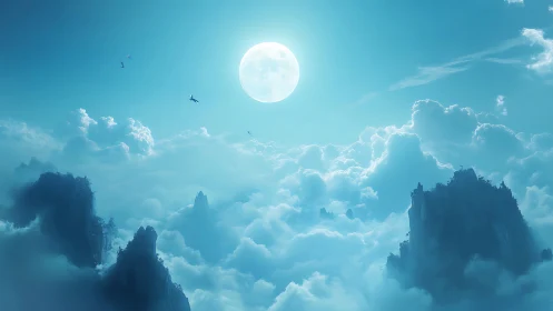 Lunar-lit aerial cloud sea with towering karst peaks and birds