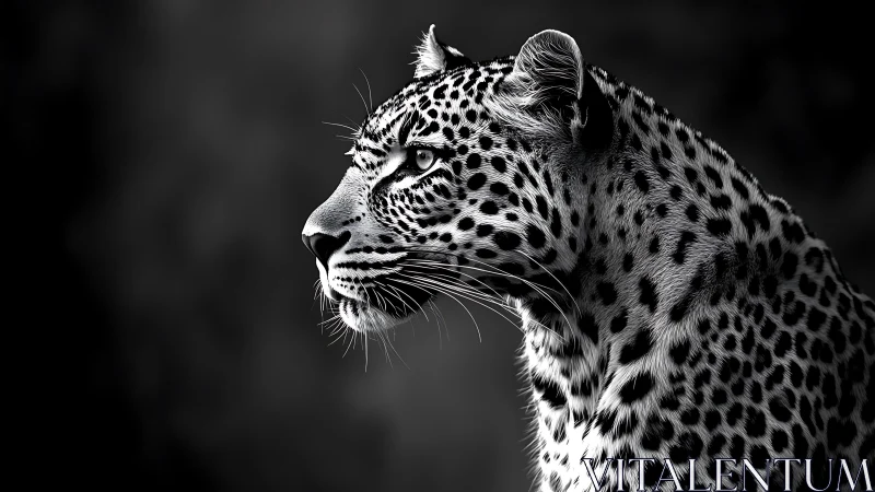 Monochrome leopard profile in high-contrast photorealistic study.