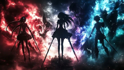 Anime silhouettes stand in fiery red and cool blue void.