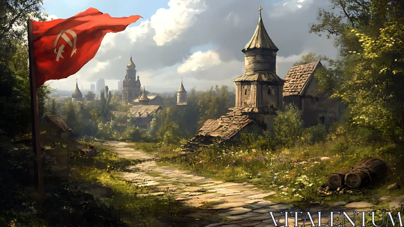 Sunlit village path winds past church and red banner