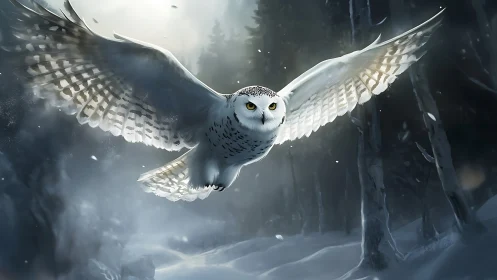 Majestic snowy owl in flight over winter forest, digital art style.