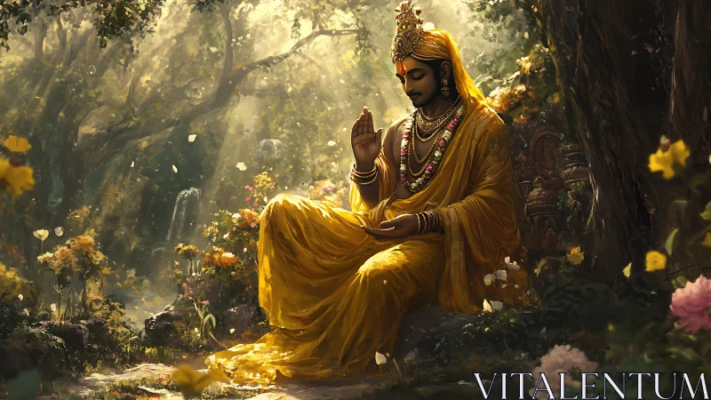 Golden-robed divine figure meditating in luminous forest grove.