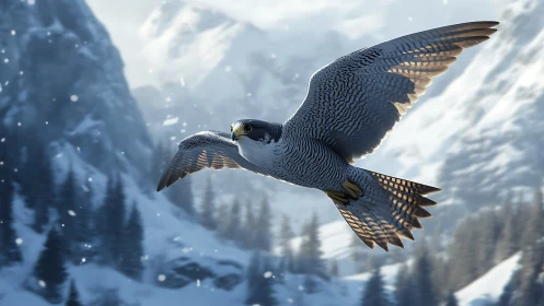 Peregrine falcon soaring over snowy mountains in detailed realism.